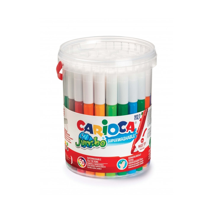 Carioca Jumbo Pack de 50 Rotuladores - Cuerpo Octogonal Maxi - Tinta Superlavable - Punta Maxi 6mm Bloqueada - Tapa Ventilada -