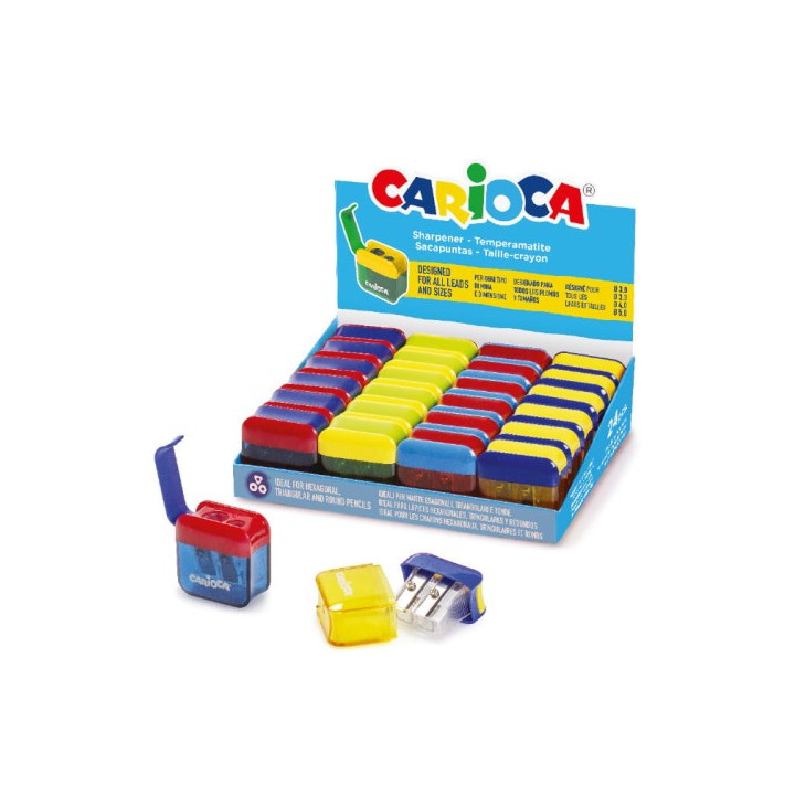 Carioca Expositor con 24 Minisacapuntas de 2 Orificios con Deposito - Tapon de Seguridad en la Cuchilla - Colores Aleatorios Sur