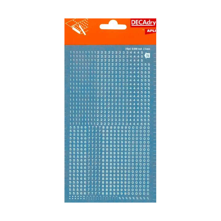 Apli Numeros Transferibles - 2.5mm - Facil Aplicacion - Resistentes al Agua - Blancos - 952 Caracteres