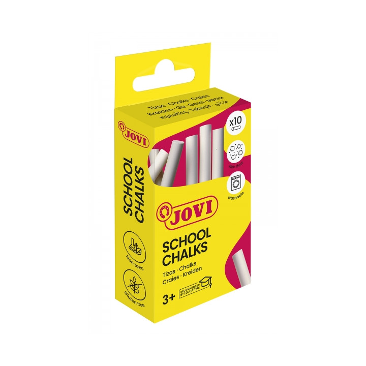 Jovi School Chalks Caja con 10 Tizas Blancas - Compactas - sin Polvo - Materias Primas Naturales - Trazos Nitidos - Faciles de B