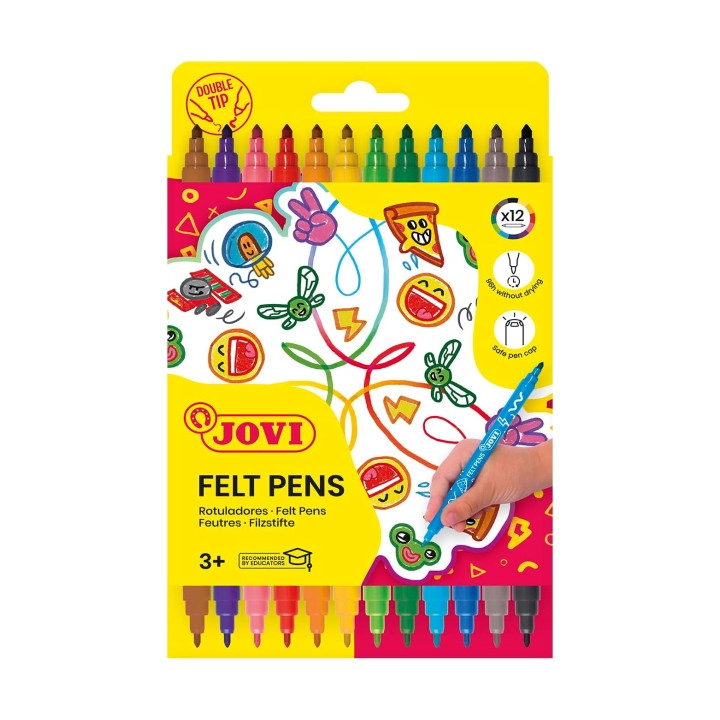 Jovi Felt Pen Extuche 12 Rotuladores de Doble Punta - Punta Fina y Maxi - Amplia Variedad de Tonos - Tinta de Gran Fijacion - Co