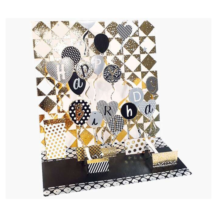 Pictura Tarjeta 3D Pop-Up - 16x16cm - Tematica Globos de Cumpleaños - Embolsada Individualmente - Incluye Sobre Blanco - Papel c