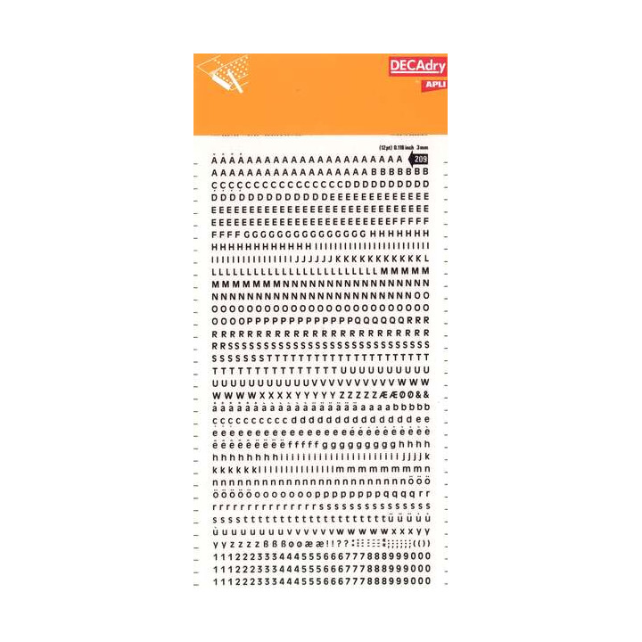 Apli Letras y Numeros Transferibles Super 3mm 997 Caracteres - Negros Brillantes