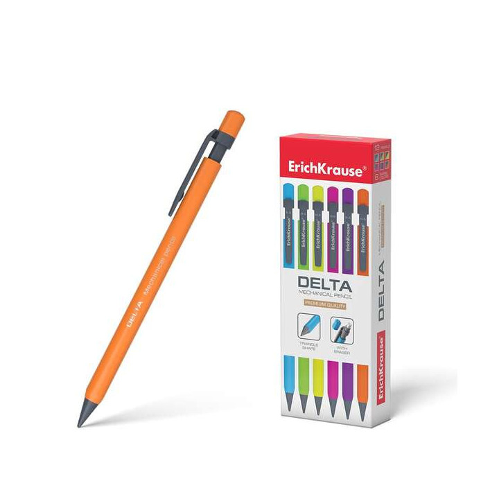 Erichkrause Delta Portaminas 0.5mm HB - Para Minas de 0.5mm - Goma de Borrar - Forma Triangular Ergonomica - Colores Neon Brill