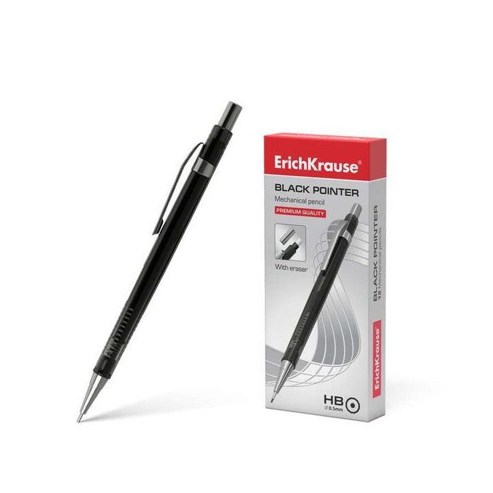 Erichkrause Portaminas Black Pointer 05 mm - Estilo Clasico con Detalles de Metal - Boquilla Retractil - Dureza HB - Minas de 0