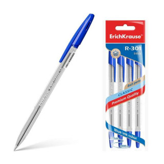 Erichkrause Pack de 4 Boligrafos R-301 Classic Stick 1.0 - Cuerpo Transparente Hexagonal - Punta de 1.0mm - Tinta de Secado Rap