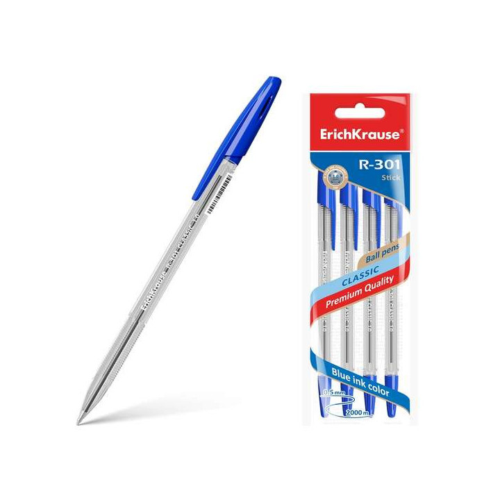 Erichkrause Pack de 4 Boligrafos R-301 Classic Stick 1.0 - Cuerpo Transparente Hexagonal - Punta de 1.0mm - Tinta de Secado Rap
