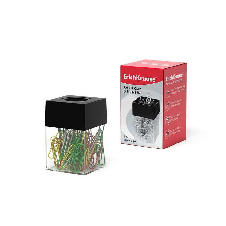 Erichkrause Dispensador Magnetico de Clips - Compacto y Elegante - Incluye 100 Clips de Colores - Color Transparente/Negro