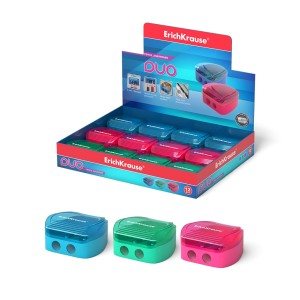 Erichkrause Duo - Sacapuntas Doble de Plastico - Contenedor para Virutas - Colores Neon - Diametro de 8mm - Cuchilla de Acero a