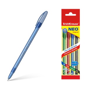 Erichkrause Pack de 4 Boligrafos Neo Original - Punta de Aguja Sofisticada Fine Tip - Cuerpo Redondo Translucido Mate - Tinta e