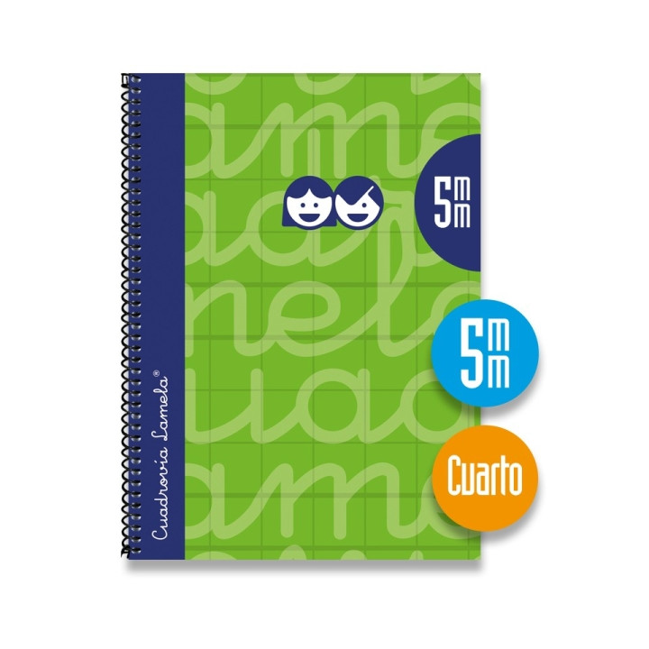 Lamela Cuaderno Espiral con 80 Hojas de 70g/m2 con Margen - Formato Cuarto - Pauta Cuadrovia de 5mm - Cubierta Extra Dura - Pape