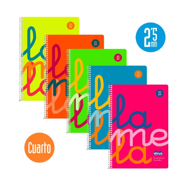 Lamela Pack de 5 Cuadernos de Espiral con 80 Hojas de 90g/m2 con Margen - Formato Cuarto - Pauta Cuadrovia de 2.5mm - Cubierta E
