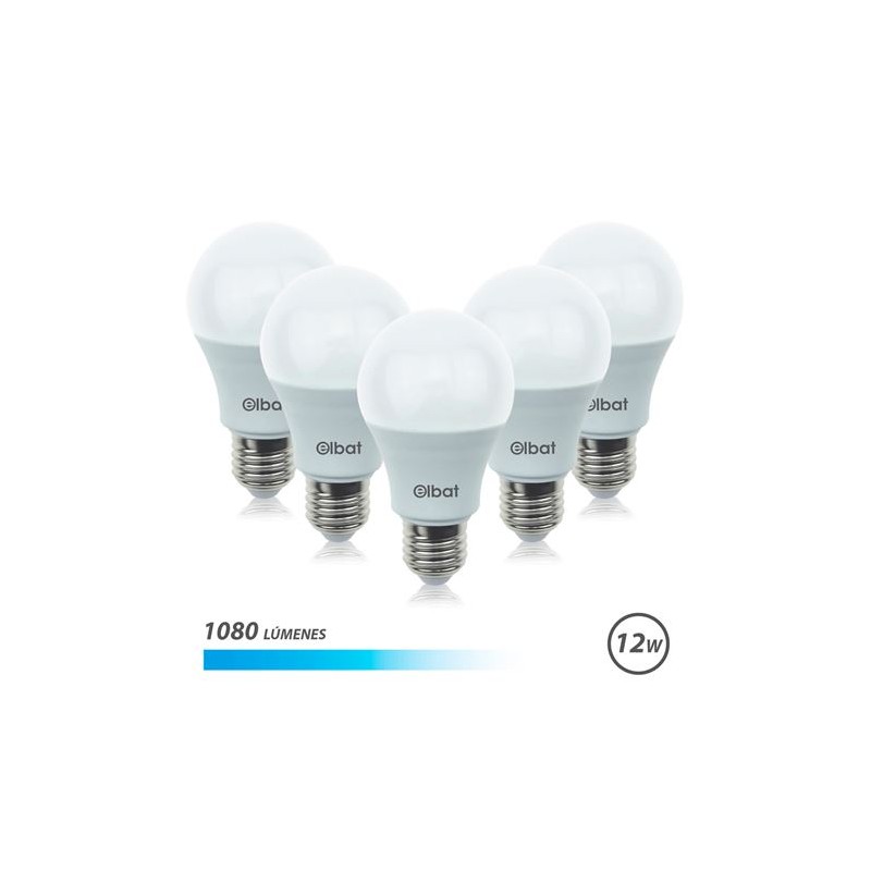Elbat Pack 5 Unidades - Potencia 12W - Lumenes 1080 - Tipo de Luz 6500K Luz Fria - Casquillo E27 - Angulo 220º - Dimensiones 6 Elbat Pack 5 Unidades - Potencia 12W - Lumenes 1080 - Tipo de Luz 6500K Luz Fria - Casquillo E27 - Angulo 220º - Dimensiones 6