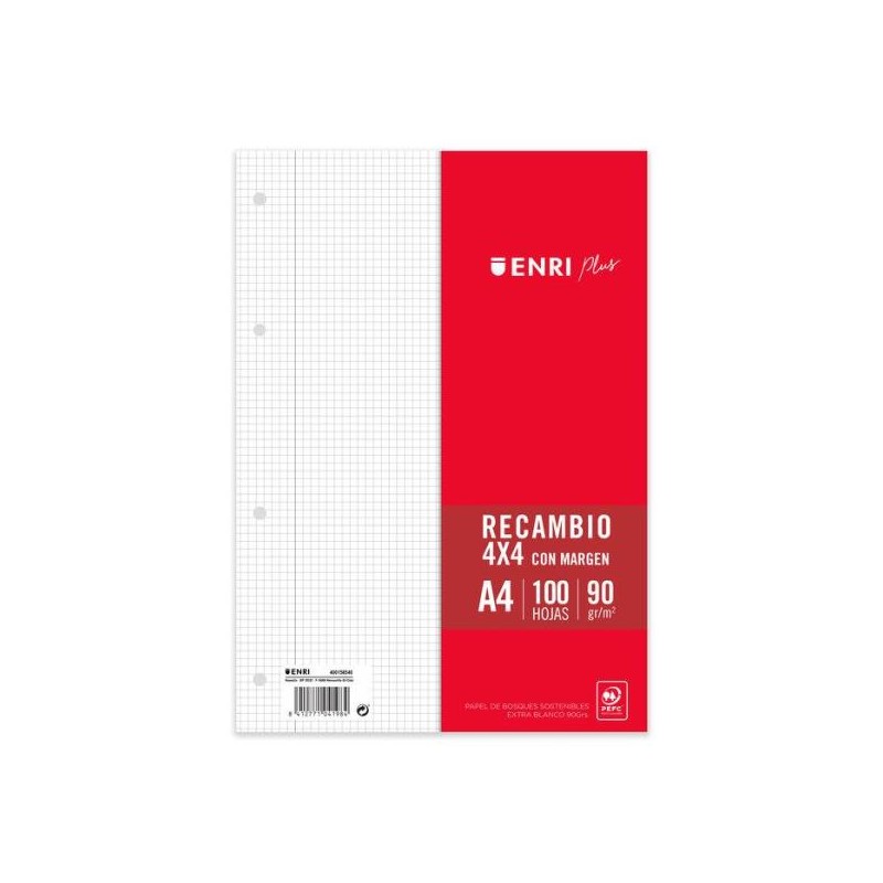 Enri Plus Recambio Formato A4 - Cuadriculado 4x4mm 4 Taladros - 100 Hojas 90gr con Margen Enri Plus Recambio Formato A4 - Cuadriculado 4x4mm 4 Taladros - 100 Hojas 90gr con Margen