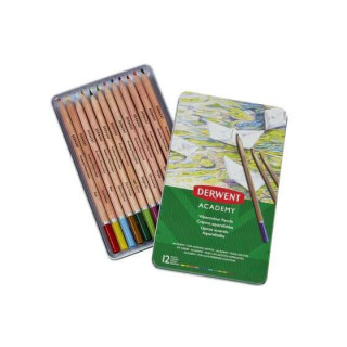 Derwent Academy Pack de 12 Lapices Acuarelables - Flexibilidad de la Acuarela - Cuerpos de Madera Natural - Faciles de Usar - P