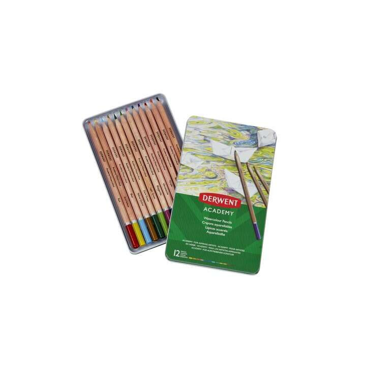 Derwent Academy Pack de 12 Lapices Acuarelables - Flexibilidad de la Acuarela - Cuerpos de Madera Natural - Faciles de Usar - P