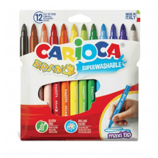 Carioca Bravo Pack de 12 Rotuladores - Cuerpo Octogonal Maxi - Tinta Superlavable - Punta Maxi 6mm Bloqueada - Tapa Ventilada -