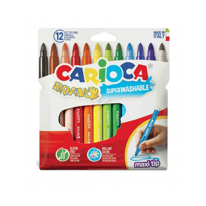 Carioca Bravo Pack de 12 Rotuladores - Cuerpo Octogonal Maxi - Tinta Superlavable - Punta Maxi 6mm Bloqueada - Tapa Ventilada -