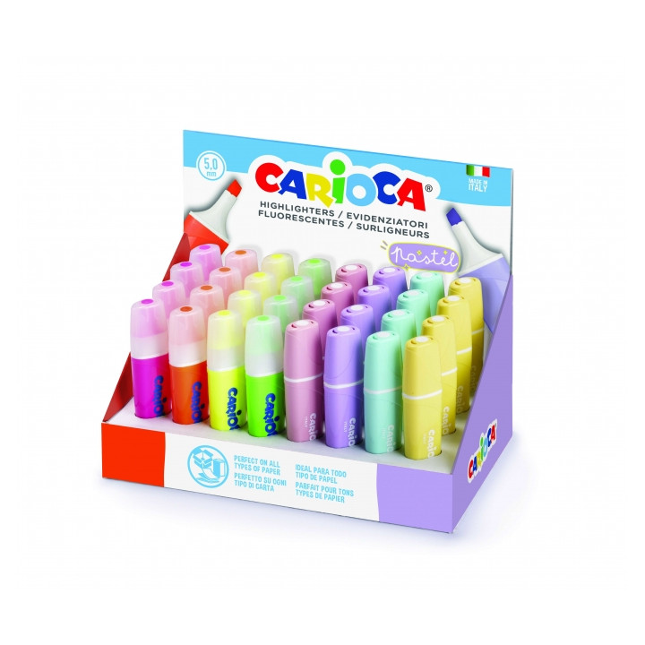 Carioca Memolight Expositor de 32 Marcadores - Brillantes y Lavables - Tinta a Base de Agua - Punta Biselada - Colores Fluo y Pa