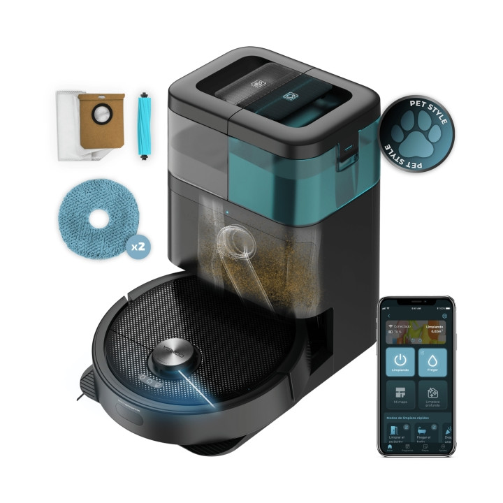 Cecotec Conga 15090 SpinArm Home and Wash Robot Aspirador con Base de Autovaciado - Tanques de Polvo y Agua - Bluetooth - Autono