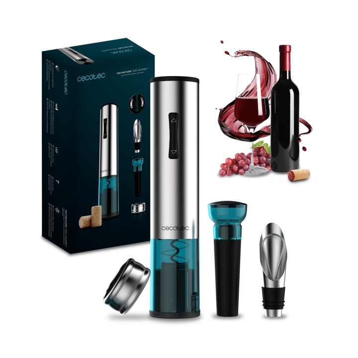 Cecotec InstantCork 1000 Gourmet Sacacorchos Electrico - Apertura en 8 Segundos - Luz LED - Incluye Accesorios - Aguja Helicoida