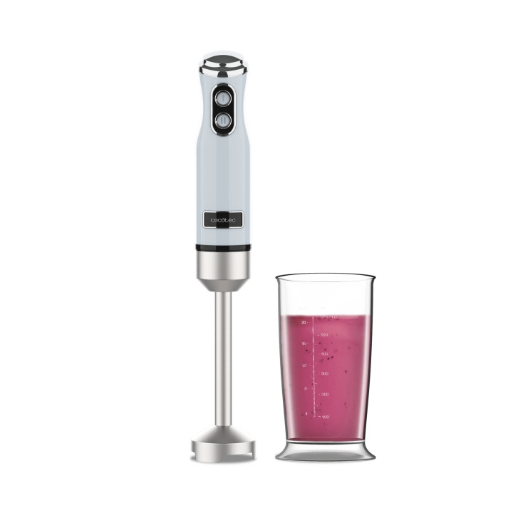Cecotec Power RetroBlue 1200MAX Batidora de Mano - Potencia 1200W - Vaso de 0.5L - Velocidad Ajustable - Apto para Lavavajillas