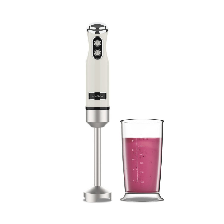 Cecotec Power RetroBeige 1200MAX Batidora de Mano - Potencia 1200W - Vaso de 0.5L - Velocidad Ajustable - Apto para Lavavajillas