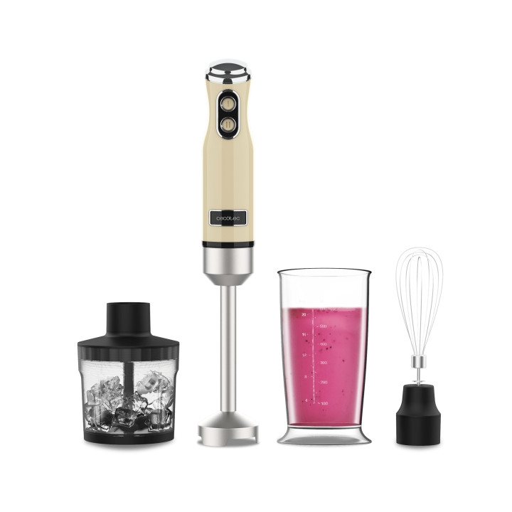 Cecotec Power RetroYellow 1200MAX Cream and Crush Batidora de Mano - 1200W - Vaso de 0.5L - Velocidad Ajustable - Apto para Lava