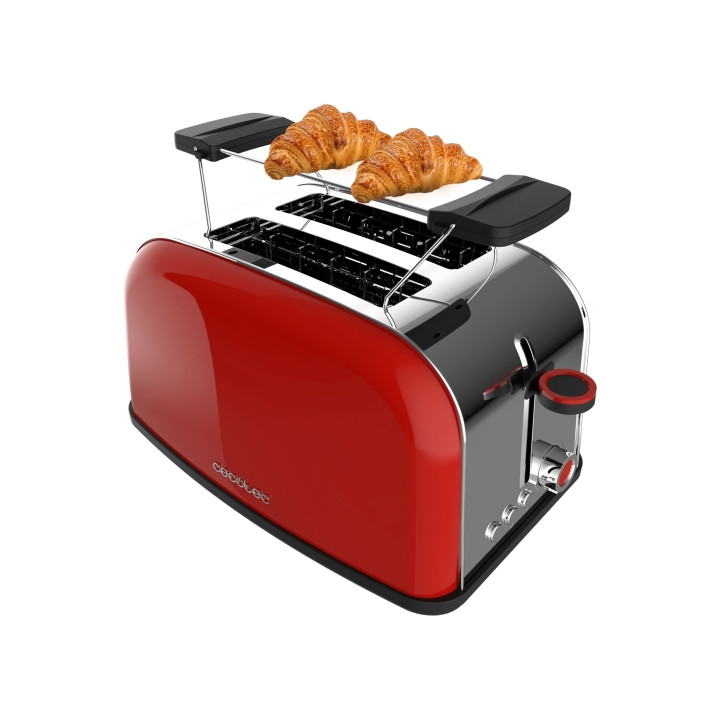 Cecotec Toastin' time 850 Red Tostadora Doble - Potencia 850W - Ranura Ancha - Acabados en Acero Inoxidable - Bandeja Recogemiga