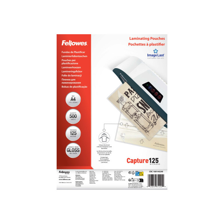 PACK 500 FUNDAS PLASTIFICAR 125 MICRAS BRILLO A4 (216X303 MM) FELLOWES 100144249