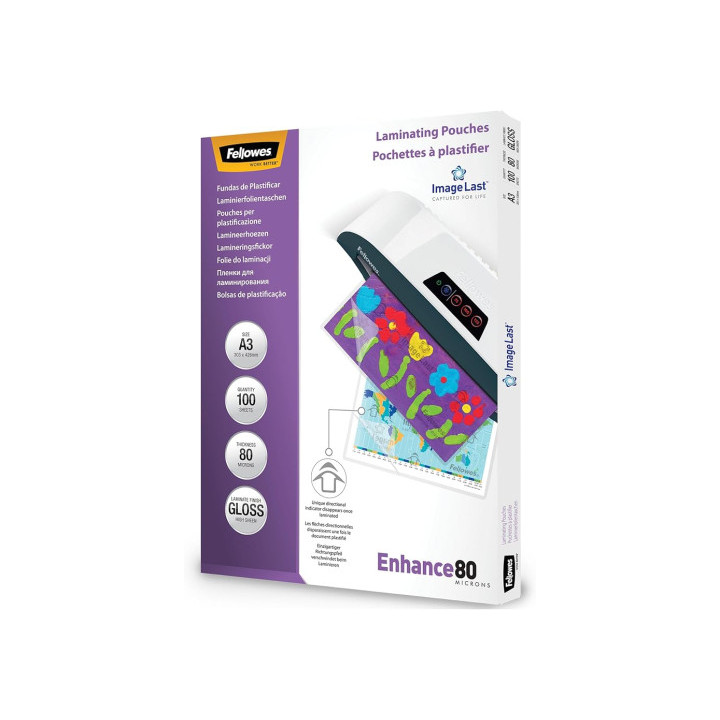 PACK 500 FUNDAS PLASTIFICAR 80 MICRAS BRILLO A3 (303X426 MM) FELLOWES 100144239