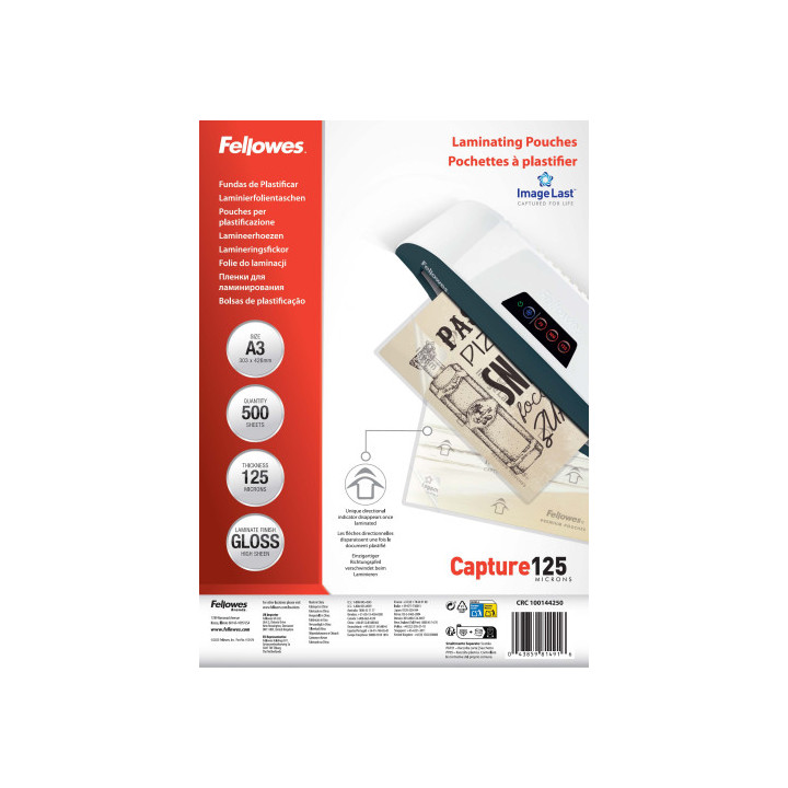 PACK 500 FUNDAS PLASTIFICAR 125 MICRAS BRILLO A3 (303X426 MM) FELLOWES 100144250