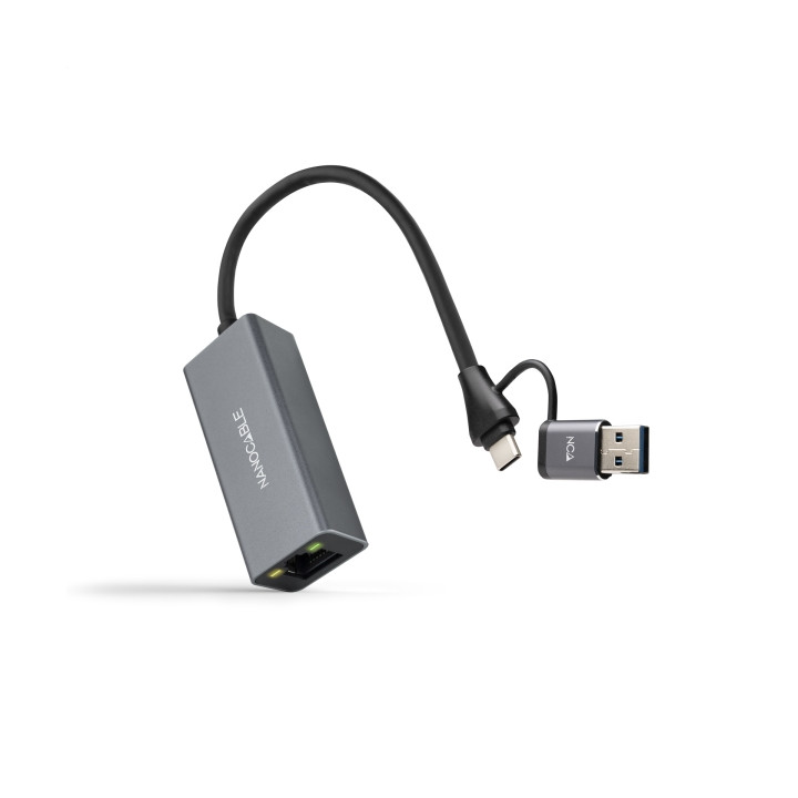Nanocable Adaptador de Red USB-C + USB-A/M 3.0 a Ethernet Gigabit 10/100/1000 Mbps - 15 cm - Color Gris