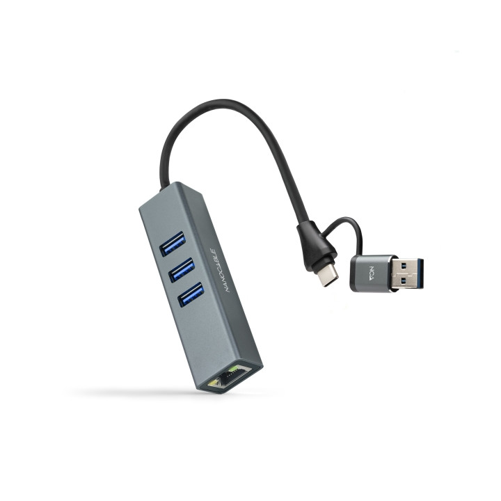 Nanocable Adaptador de Red USB-C + USB-A/M 3.0 a Ethernet Gigabit 10/100/1000 Mbps + Hub 3xUSB-A 3.0 - 15 cm - Color Gris