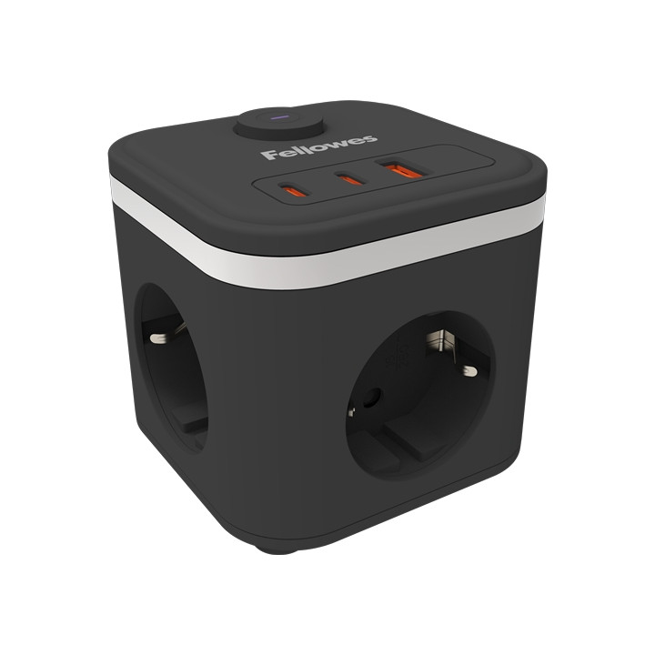 Fellowes Cubo Multienchufes de Sobremesa con 3 Tomas 230V + 2x USB-C 20W max. - 1x USB-A 18W max. - Cable de 2m - Interruptor On