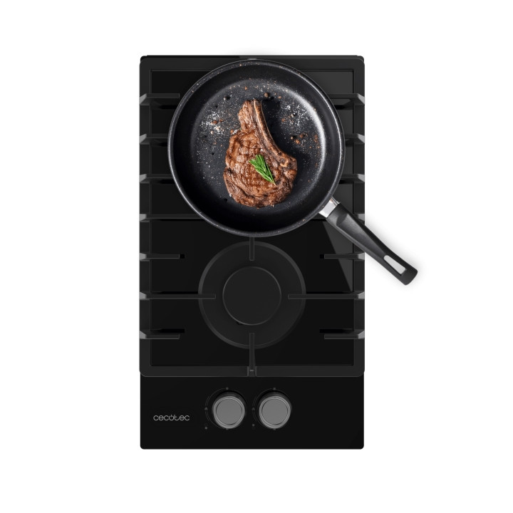 Cecotec Bolero Squad G 2200F Glass Black Cocina de Gas Encastrable - 2 Quemadores - Acabado en Cristal Negro - 5.25kW - Parrilla