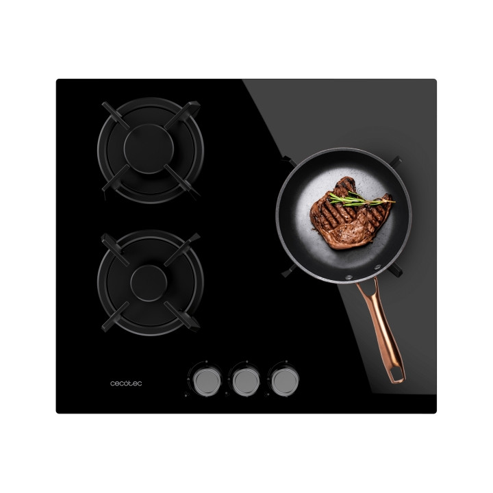 Cecotec Bolero Squad G 3200S Glass Black Cocina de Gas Encastrable - 3 Quemadores - Acabado en Cristal Negro - 6.25kW - Parrilla