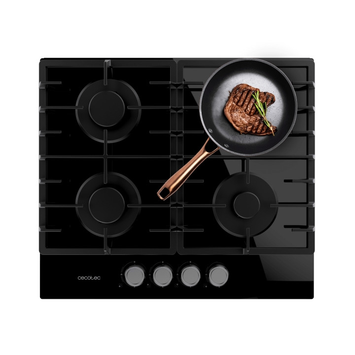 Cecotec Bolero Squad G 4200F Glass Black Cocina de Gas Encastrable - 4 Quemadores - Acabado en Cristal Negro - 8kW - Parrillas d
