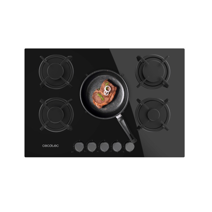 Cecotec Bolero Squad G 5200S Glass Black Cocina de Gas Encastrable - 5 Quemadores - Acabado en Cristal Negro - 11kW - Parrillas
