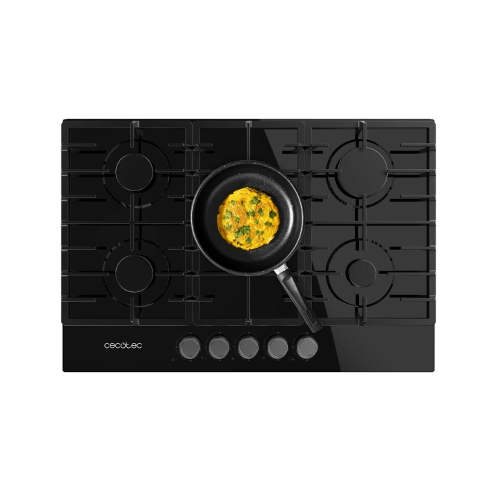 Cecotec Bolero Squad G 5200F Glass Black Cocina de Gas Encastrable - 5 Quemadores - Acabado en Cristal Negro - 11kW - Parrillas