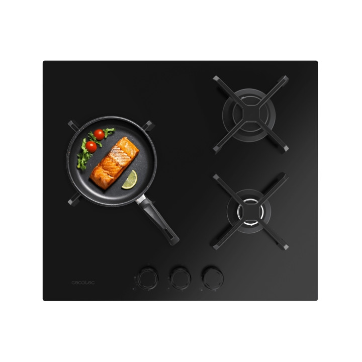 Cecotec Bolero Squad G 3400S Nano Glass Cocina de Gas Encastrable - 3 Quemadores - Acabado en Cristal Negro - 6.2kW - Parrillas