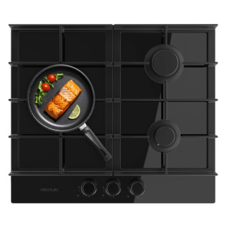 Cecotec Bolero Squad G 3400F Glass Black Cocina de Gas Encastrable - 3 Quemadores - Acabado en Cristal Negro - 6.2kW - Parrillas