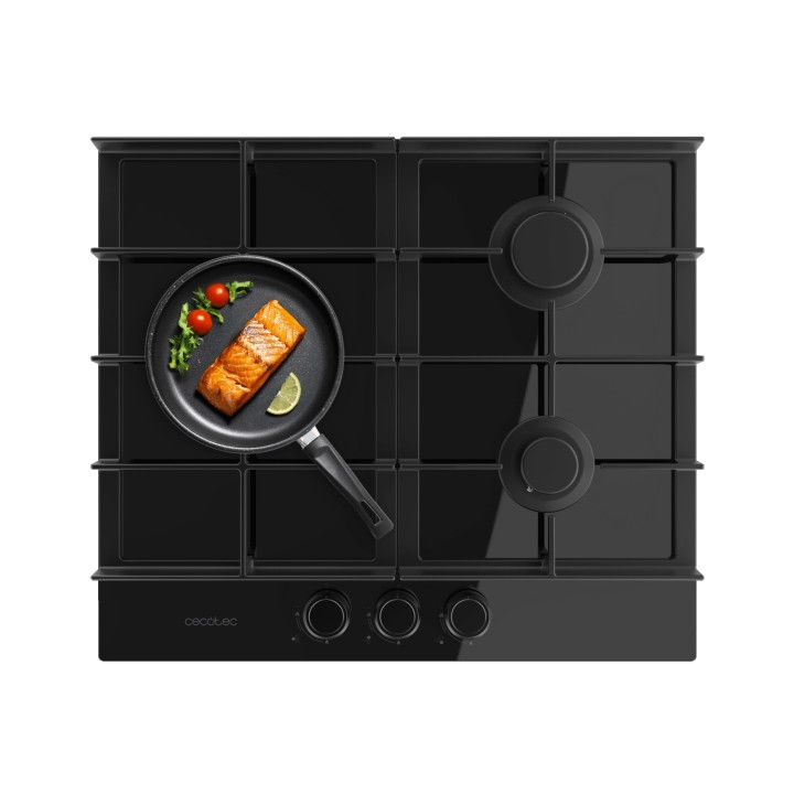 Cecotec Bolero Squad G 3400F Glass Black Cocina de Gas Encastrable - 3 Quemadores - Acabado en Cristal Negro - 6.2kW - Parrillas