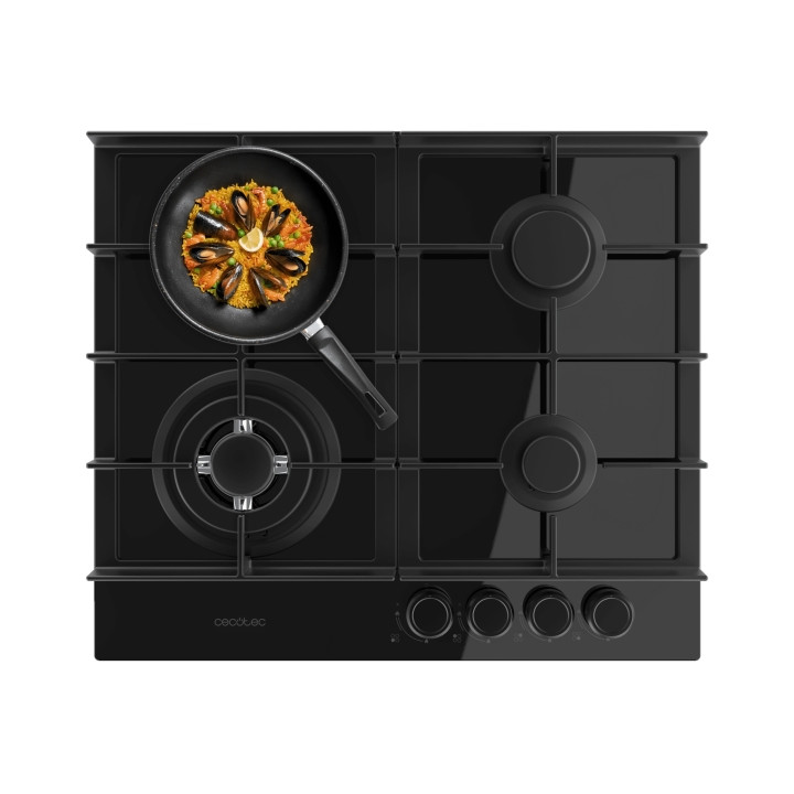 Cecotec Bolero Squad G 4400F Glass Black Cocina de Gas Encastrable - 4 Quemadores - Acabado en Cristal Negro - 8kW - Parrillas d