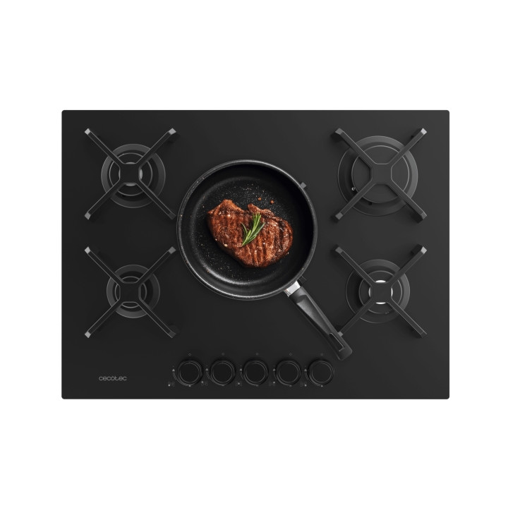 Cecotec Bolero Squad G 5400S Nano Glass Cocina de Gas Encastrable - 5 Quemadores - Acabado en Cristal Negro - 10.4kW - Parrillas