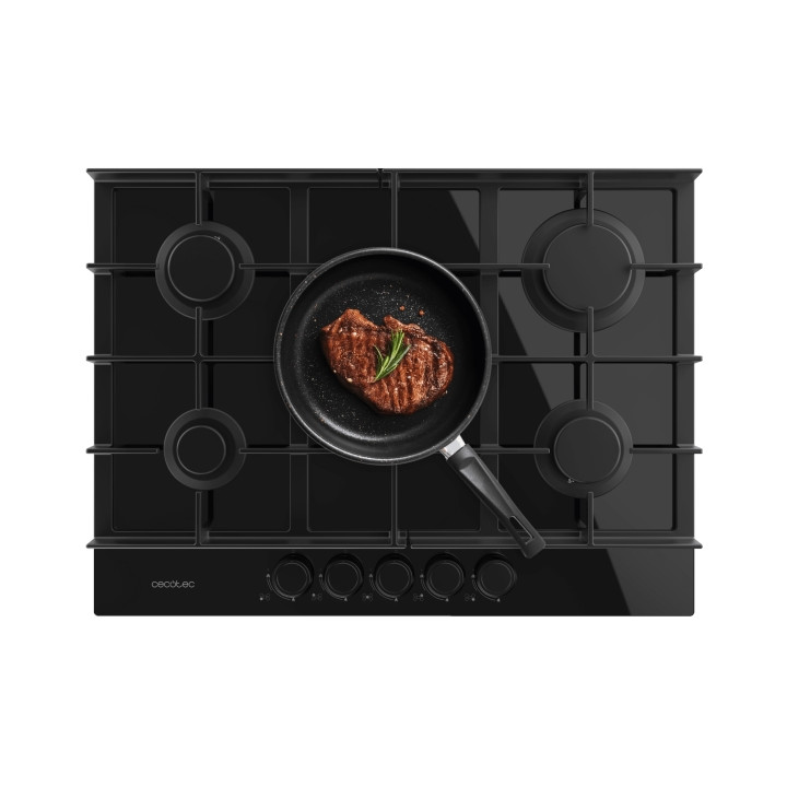 Cecotec Bolero Squad G 5400F Glass Black Cocina de Gas Encastrable - 5 Quemadores - Acabado en Cristal Negro - 10.4kW - Parrilla