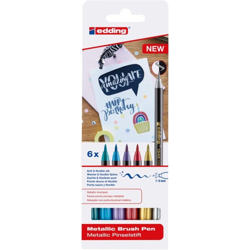 Edding 1340 Brush Pack de 6 Rotuladores - Punta Pincel Flexible - Trazo 1-3mm - Tinta con Base de Agua - Colores Oro Edding 1340 Brush Pack de 6 Rotuladores - Punta Pincel Flexible - Trazo 1-3mm - Tinta con Base de Agua - Colores Oro