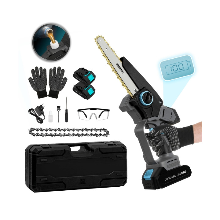 Cecotec MontanaForce 8000 Hand Sierra de Podar Inalambrica - 1100W - 2 Baterias 21V 2Ah - Pantalla 8" - Incluye Accesorios - Eng