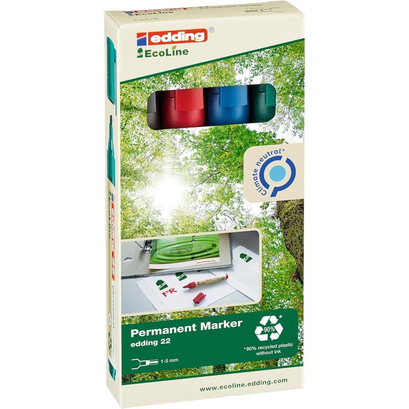 Edding 22 EcoLine Pack de 4 Rotuladores Permanentes - Punta Biselada - Trazo entre 1 y 5mm - 90% de Plastico Reciclado - Colore