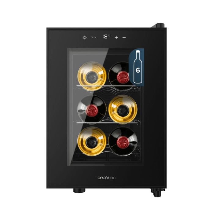 Cecotec Bolero GrandSommelier 600 CoolCrystal Vinoteca para 6 Botellas - Silencioso 35dB - Luz LED - Pantalla LED - Temperatura
